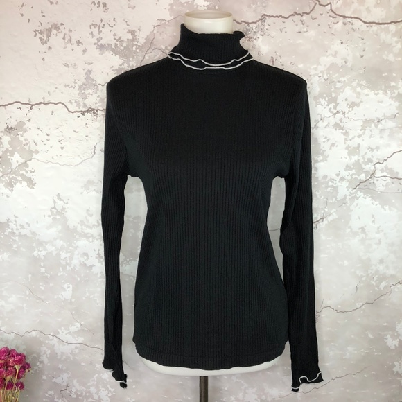 J Crew Black Rib Knit Ruffle Trim 